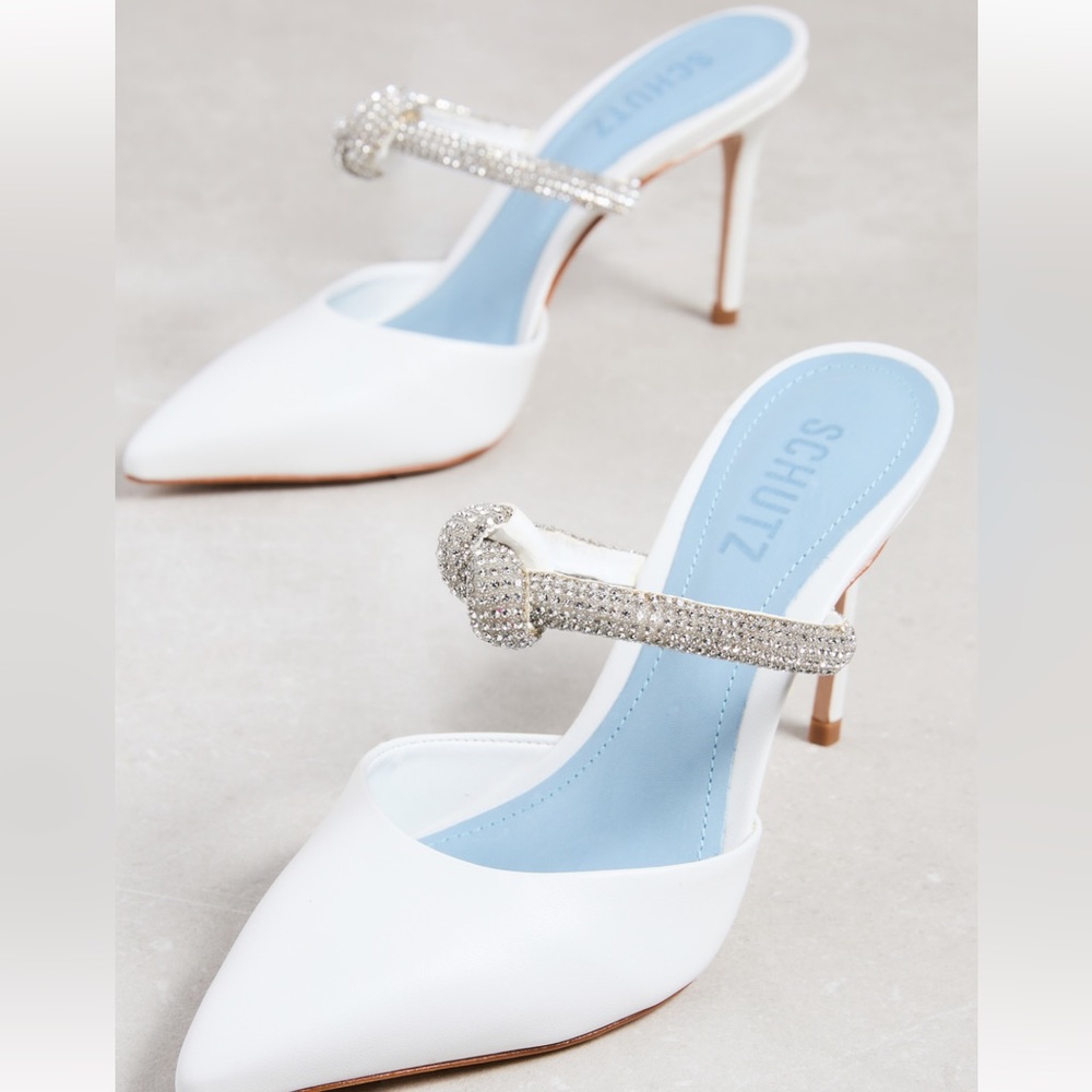 Schultz “Pearl Pumps.”  slip on, leather with crystal encrusted knotted strap.